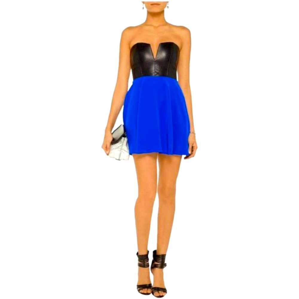 Mason Black leather top Blue flared dress